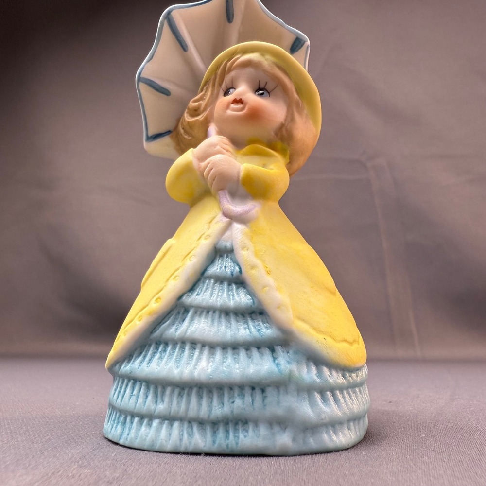 Vintage Ceramic Girl in Yellow Raincoat Umbrella Figural Dinner Bell 4.25 Inch